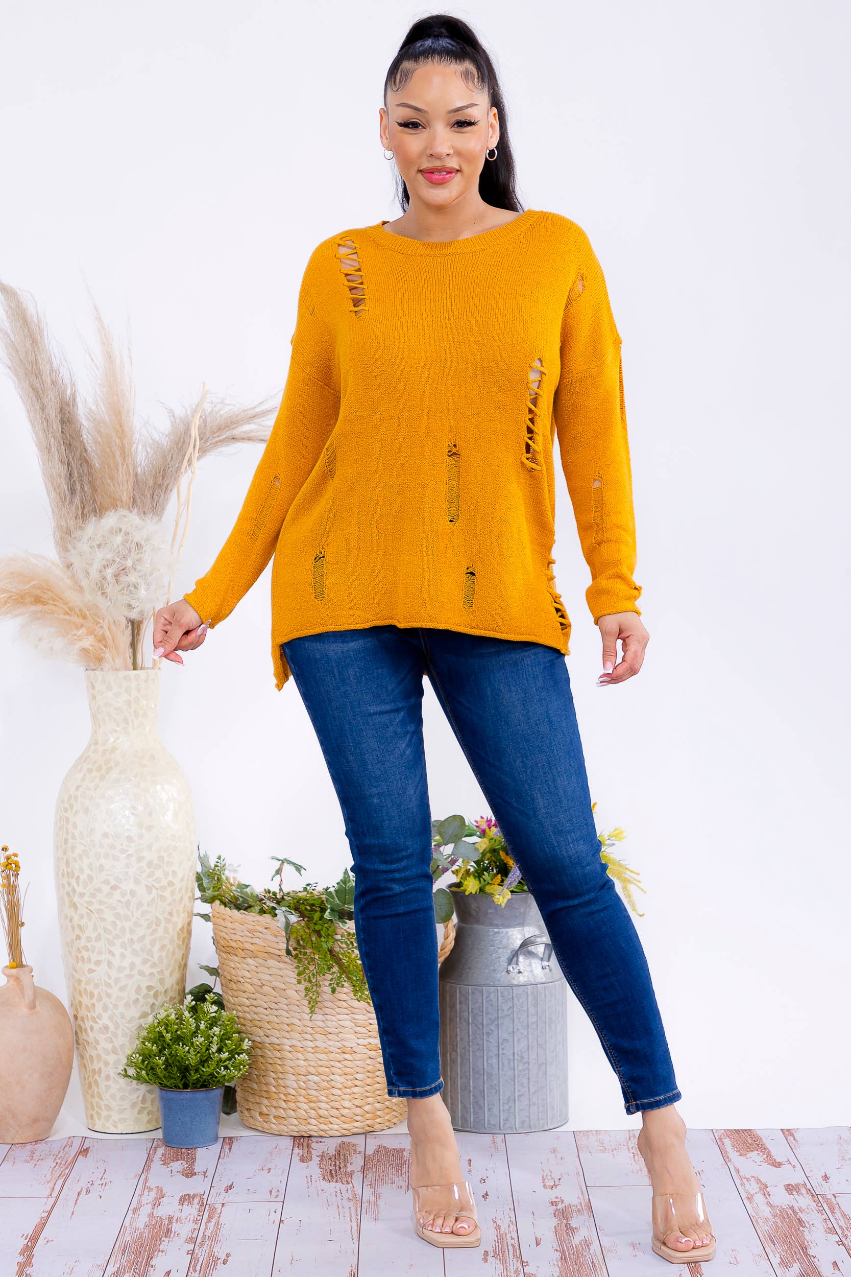 H&H Fashion Inc. - Wholesale Knit Sweater - Women's - FM301 Distressed Knit Pullover Sweater