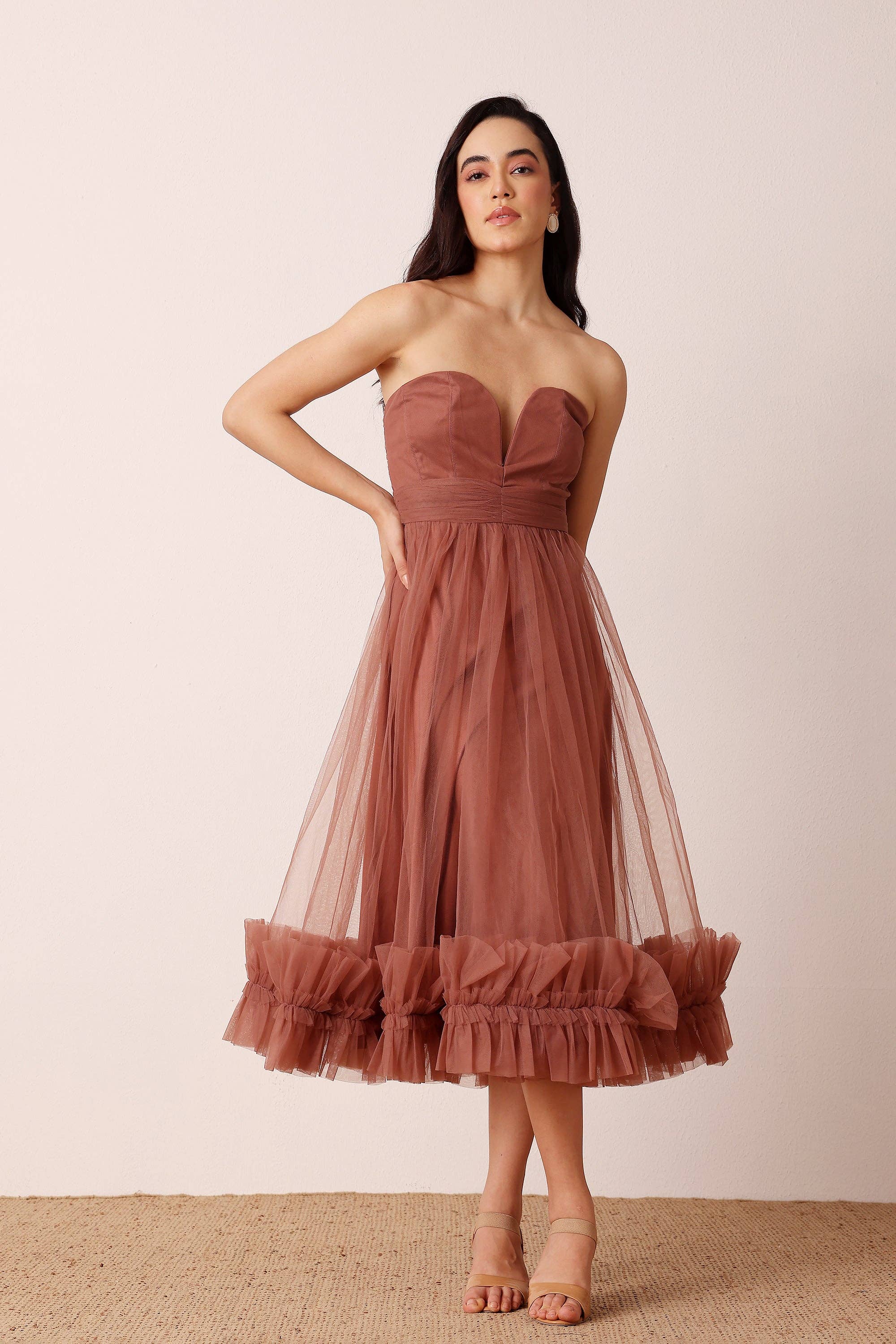 Orion Tulle Midi Dress in Rose Brown for wholesale on Faire0