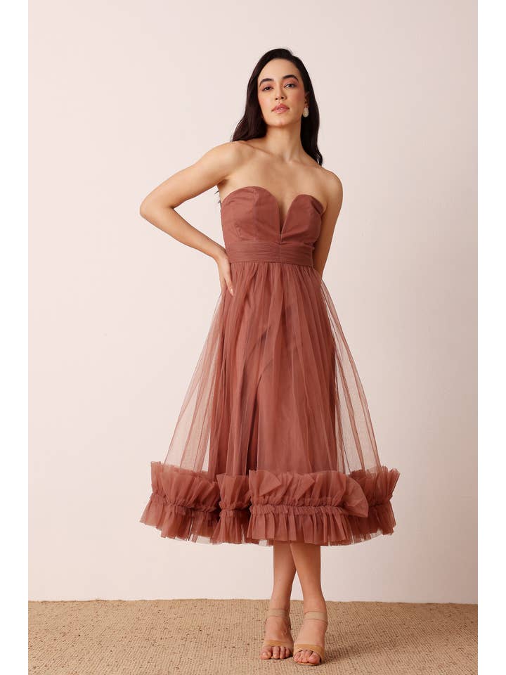 Orion Tulle Midi Dress in Rose Brown for wholesale on Faire