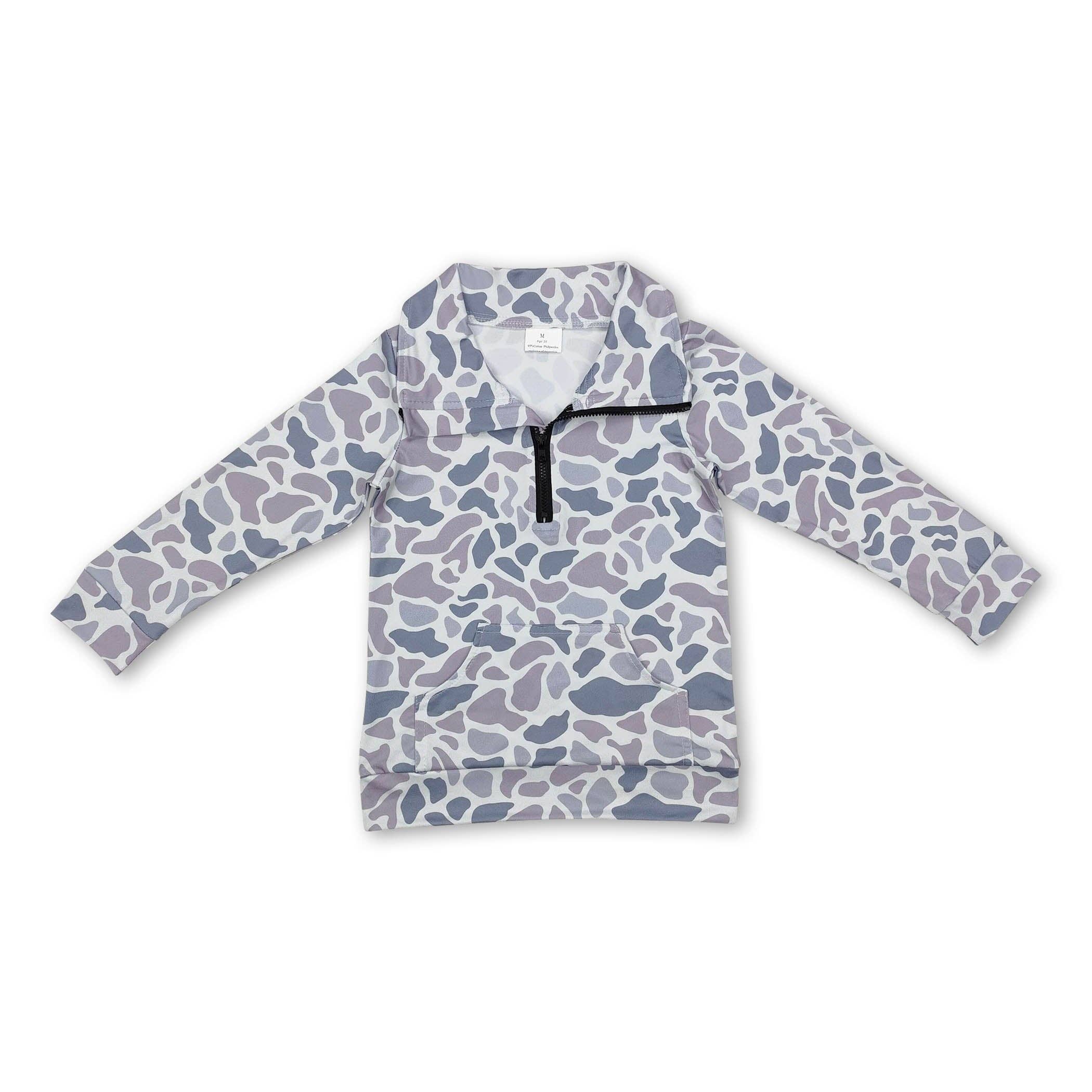 Yawoo Garments - Wholesale Sweatshirt - Kids - Long sleeves grey camo pocket kids zip pullover