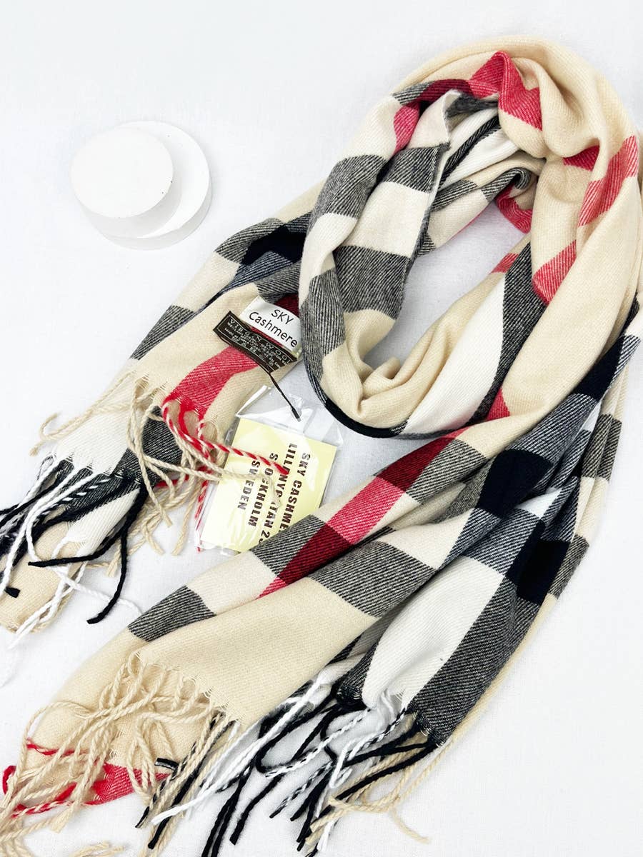Beige Plaid Cashmere Scarf With Tassel for wholesale on Faire1
