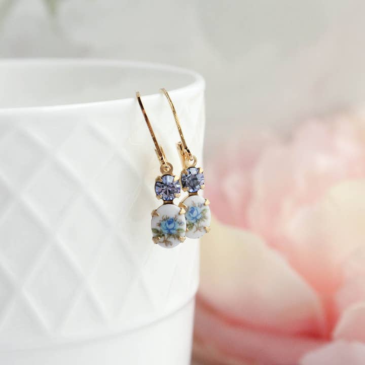A Pocket of Posies - Wholesale Dangle Earrings - Little Blue Rose Cameo Earrings | Vintage Glass | Lever back2