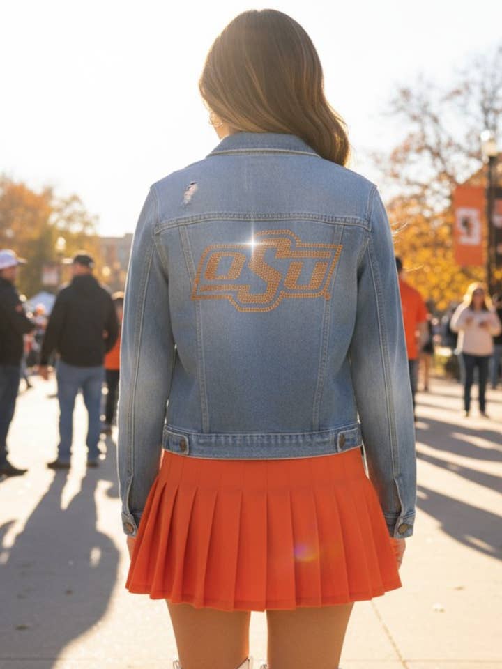 Licensed Game Day Jacket, Blue Denim, Oklahoma State OSU for wholesale by Moving Forward Designs