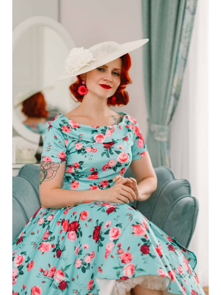 Dolly & Dotty - Wholesale Dress - Women's - 50s Style Rose Floral Off Shoulder Swing Dress in Aqua Blue