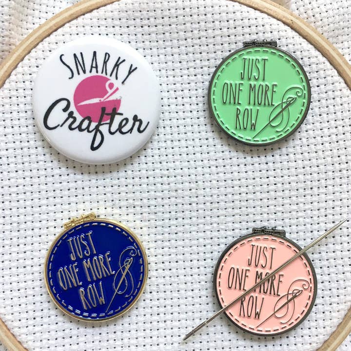 Snarky Crafter Designs - Wholesale Knitting/Crochet Supplies - Just One More Row Cross Stitching Enamel Needle Minder