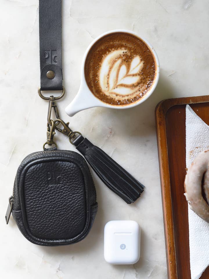 Pebbled Black Leather Pouch Charm for wholesale by Purse & Clutch