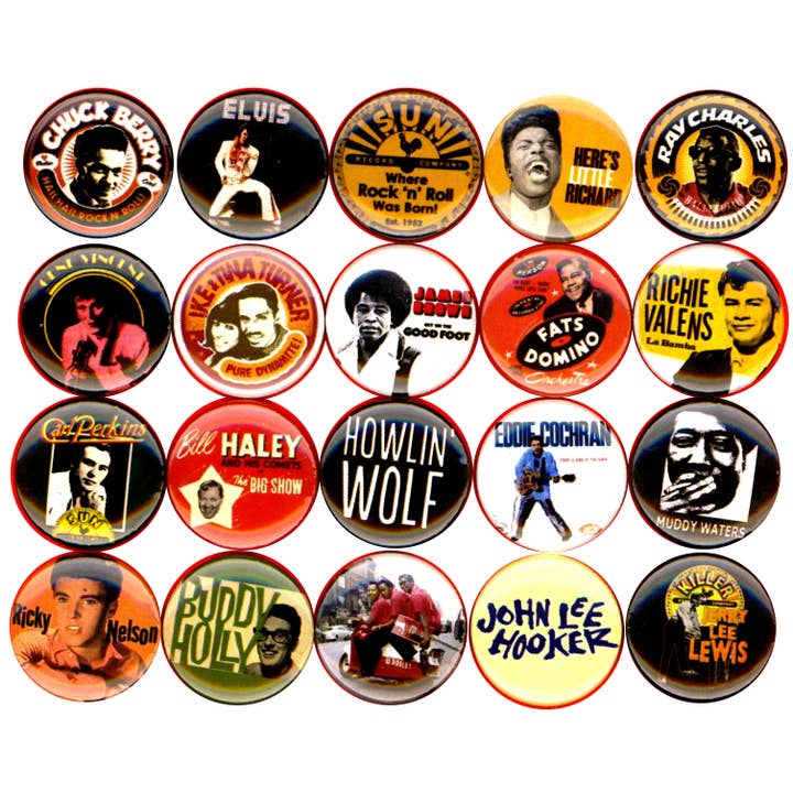 Rock and Roll x 20 1" inch pins vinyl records albums bands for wholesale by Pinbax Express