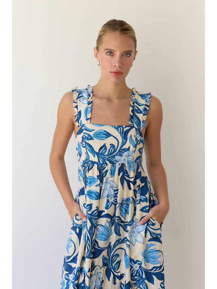 BLUE FLOWER PRINTED MAXI DRESS WITH BACK SMOCKING - RD1154 for wholesale on Faire