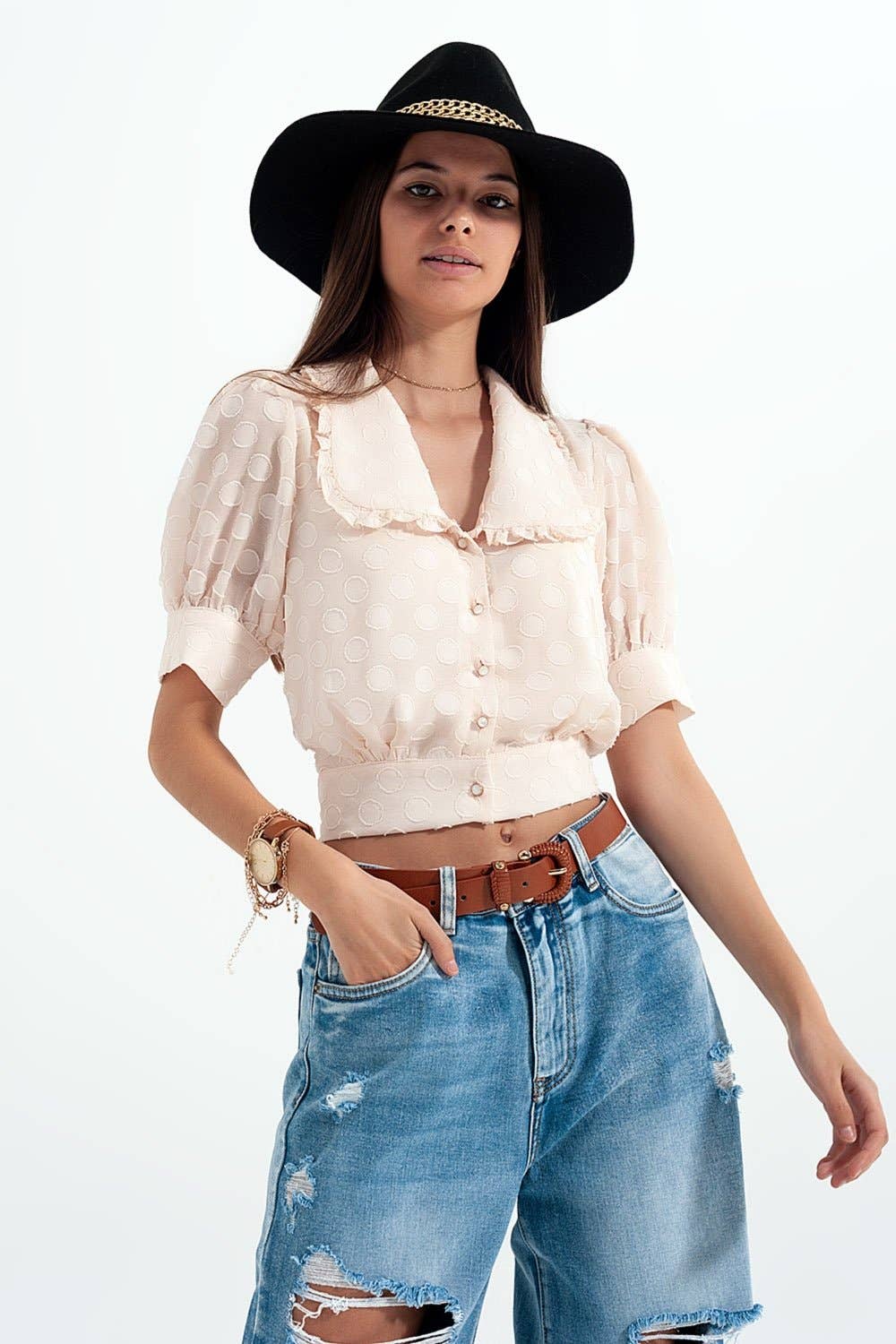 Beige Blusa de lunares beige con cuello babero y adornos de venta al por mayor en Faire3