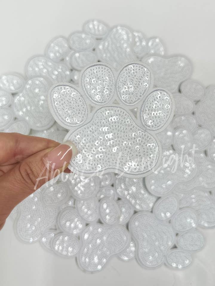 trucker hat patches 3” White paw print sequins patch for wholesale by ABLNco