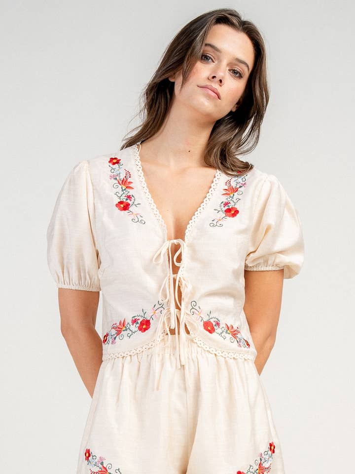 CS50021Y /RAYON GAUZE EMBROIDERED DETAILED TOP AND SHORT SET for wholesale by BEIVY & COLLABO