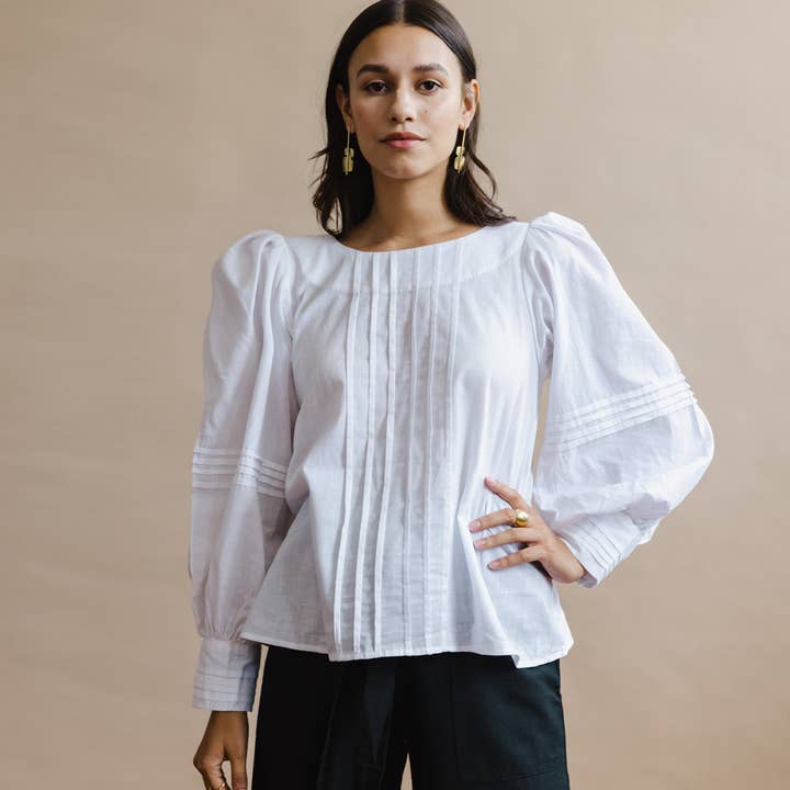 SALE - Pintuck Balloon Sleeve Blouse | White for wholesale by MULXIPLY