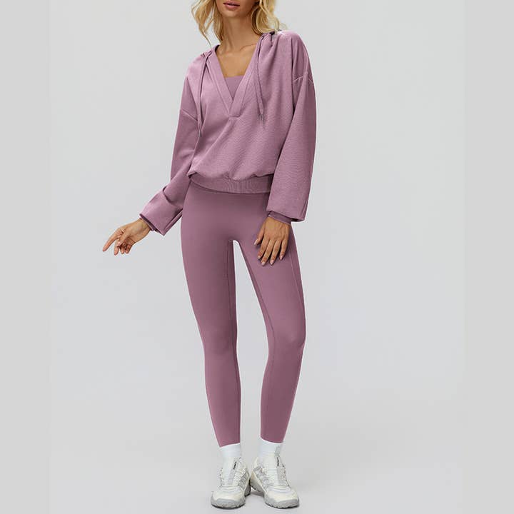 WONDERXFANS - Vendita all'ingrosso Completo sportivo - Donna - Giacca con cappuccio a V+Top sportivo+Leggings a vita alta22