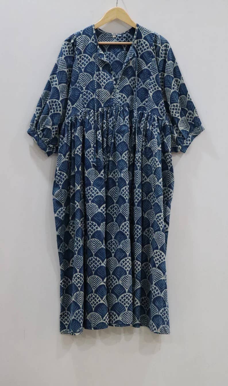 bhavnas boutique - Vente Robe – femme - Robe mini en coton indien imprimé indigo bleu, faite à la main2