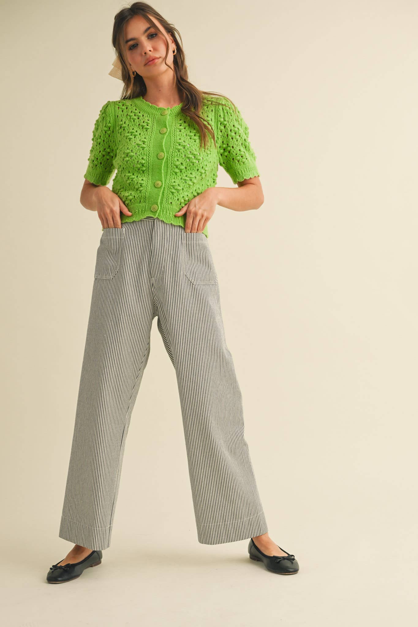 &MERCI - Wholesale Cardigan - Women's - CROPPED POINTELLE BUTTON DOWN SWEATER CARDIGAN MSW1085728