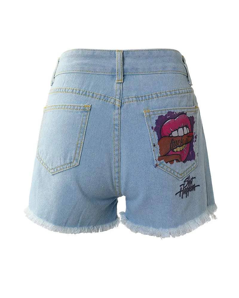 BLUE lip letter print ripped raw hem denim shorts for wholesale on Faire3