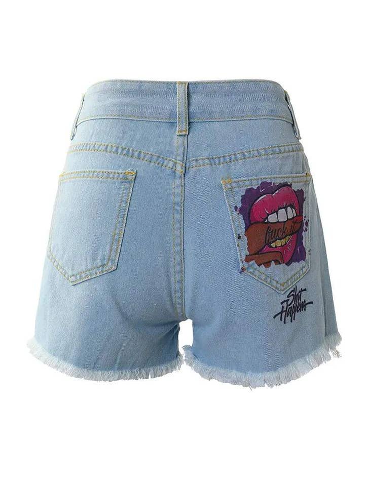 BLUE lip letter print ripped raw hem denim shorts for wholesale on Faire3
