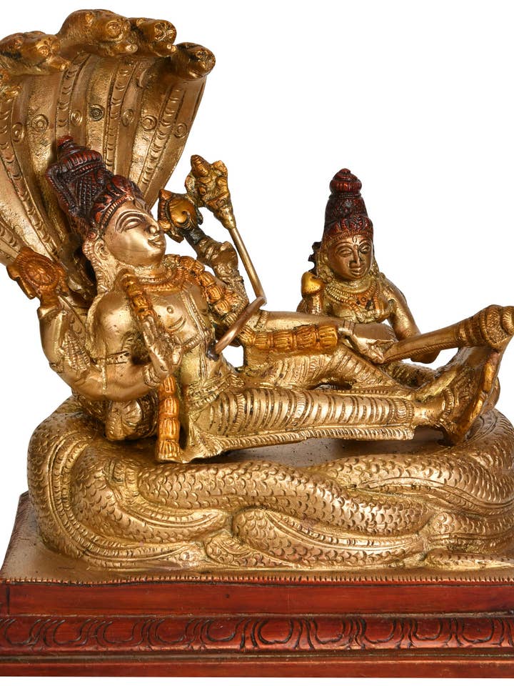 7" Sheshasayi Vishnu With Lakshmi Ji In Brass | Handmade for wholesale by Exotic India Art