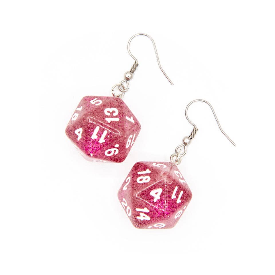 Tabletop Dominion Limited - Wholesale Dangle Earrings - D20 Dice Earrings | Pink Sparkle | D&D Jewelry0