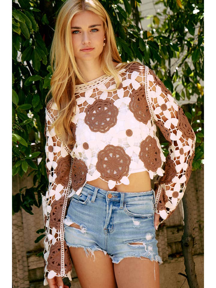 CREME/TAUPE Hæklet blomstermønster trøje for engroshandel på Faire2