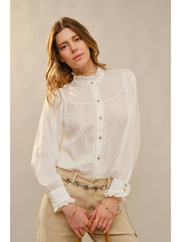 Blue B - Wholesale Button Down Shirt - Women's - 23709T - Ruffle Neck Denim Snap Button Shirt7