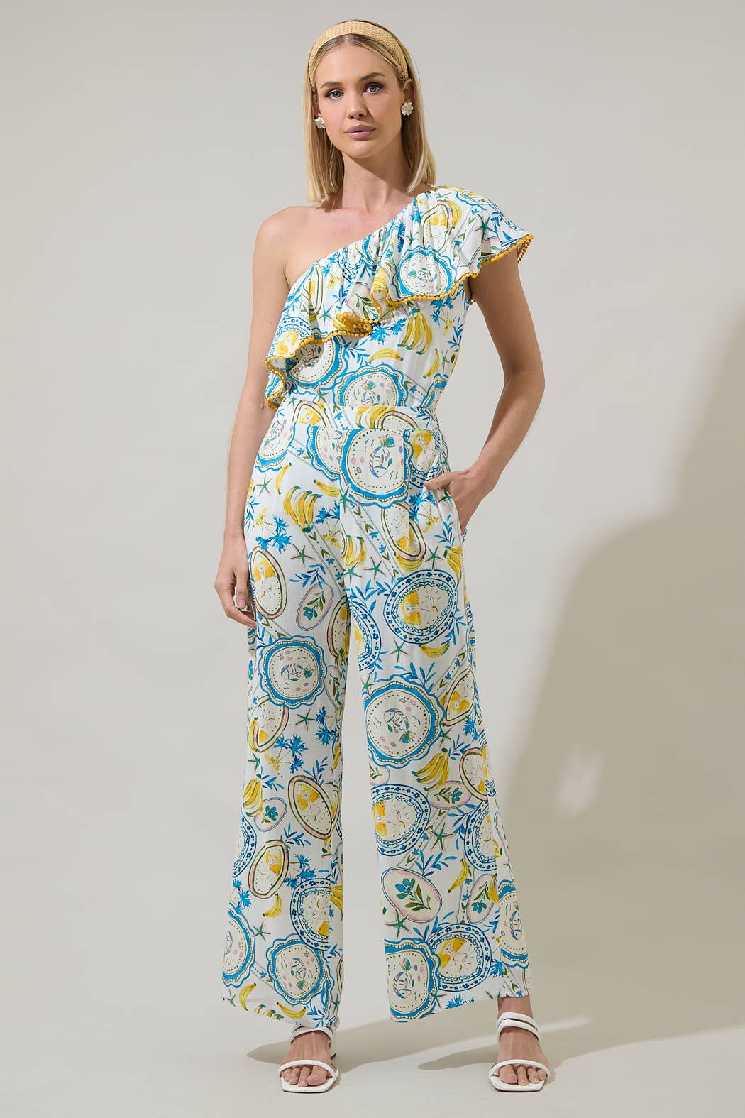 WHITE BLUE YELLOW Harvest Island Elena Floral Wide Leg Pants for wholesale on Faire3
