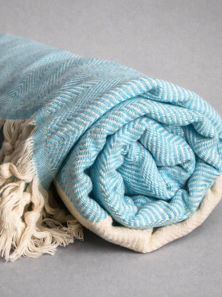 TURKISH COTTON BLANKET | AQUA & NATURAL | 94" X 87" for wholesale by THE RILEY/LAND COLLECTION