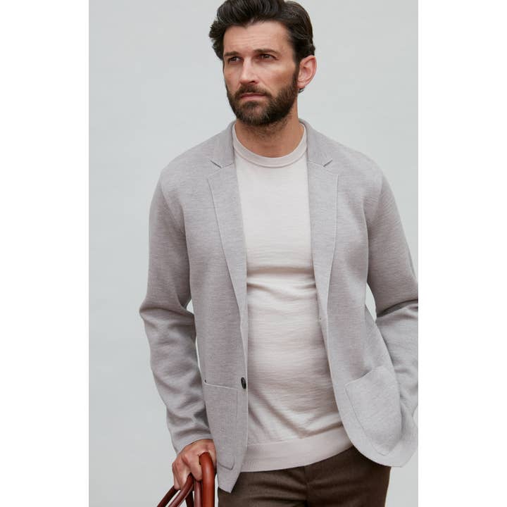 Mens Lightweight Extra Fine Merino Wool Knitted Blazer for wholesale by Paul James Knitwear