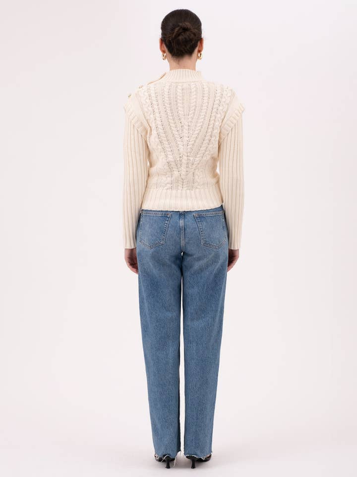 CREAM MOCK NECK SIDE SHOULDER BUTTON CABLE KNIT SWEATER for wholesale on Faire