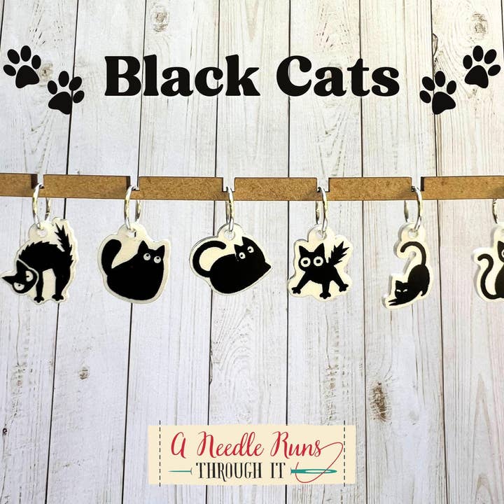 Chats Noirs - Marqueurs de Mailles (ensemble de 6) pour la vente par A Needle Runs Through It