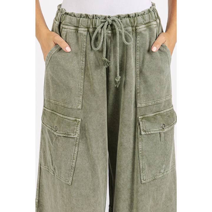mittoshop - Wholesale Pants - Women's - WASHED FRENCH TERRY CARGO ELASTIC WAIST WIDE LEG PANTS