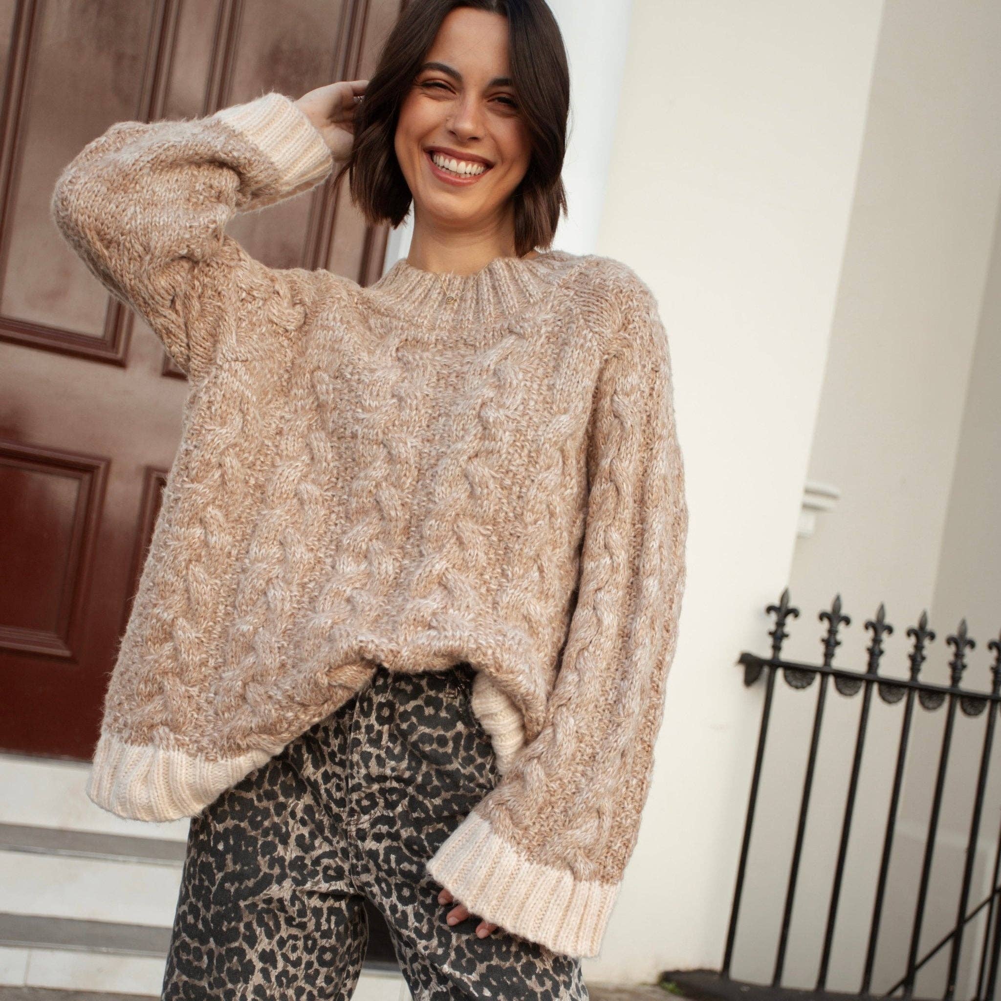 Cara & The Sky - Wholesale Knit Sweater - Women's - Jennie Cable High Neck Balloon Sleeve Jumper - Beige9