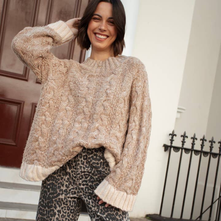 Cara & The Sky - Wholesale Knit Sweater - Women's - Jennie Cable High Neck Balloon Sleeve Jumper - Beige9