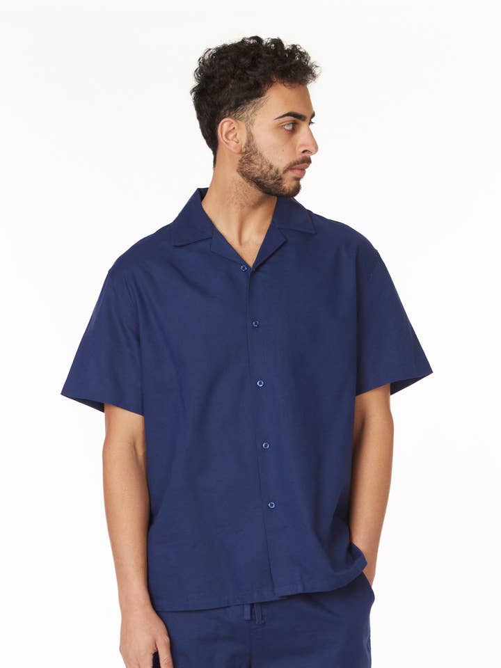 HB-8-77 (Camisa de linho misto para homem (Azul-marinho)) por atacado de Hawk's Bay