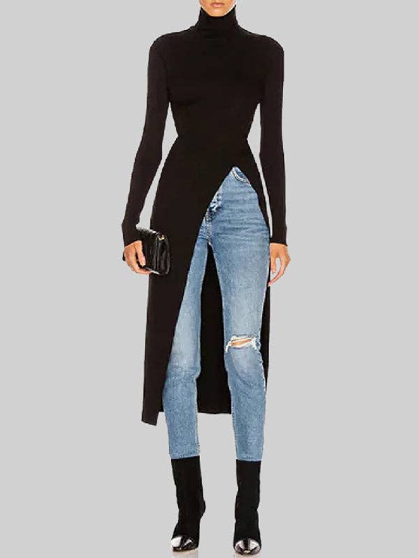 FurDecoration – Großhandel T-Shirt – Damen – Einfarbiges Skinny-Fit-T-Shirt mit hohem Kragen und geteilten Seiten1