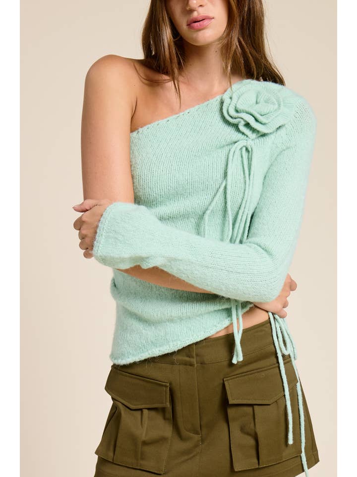 Mimosa - Wholesale Knit Top - Women's - One Shoulder Floral Embellishment Knit Top3