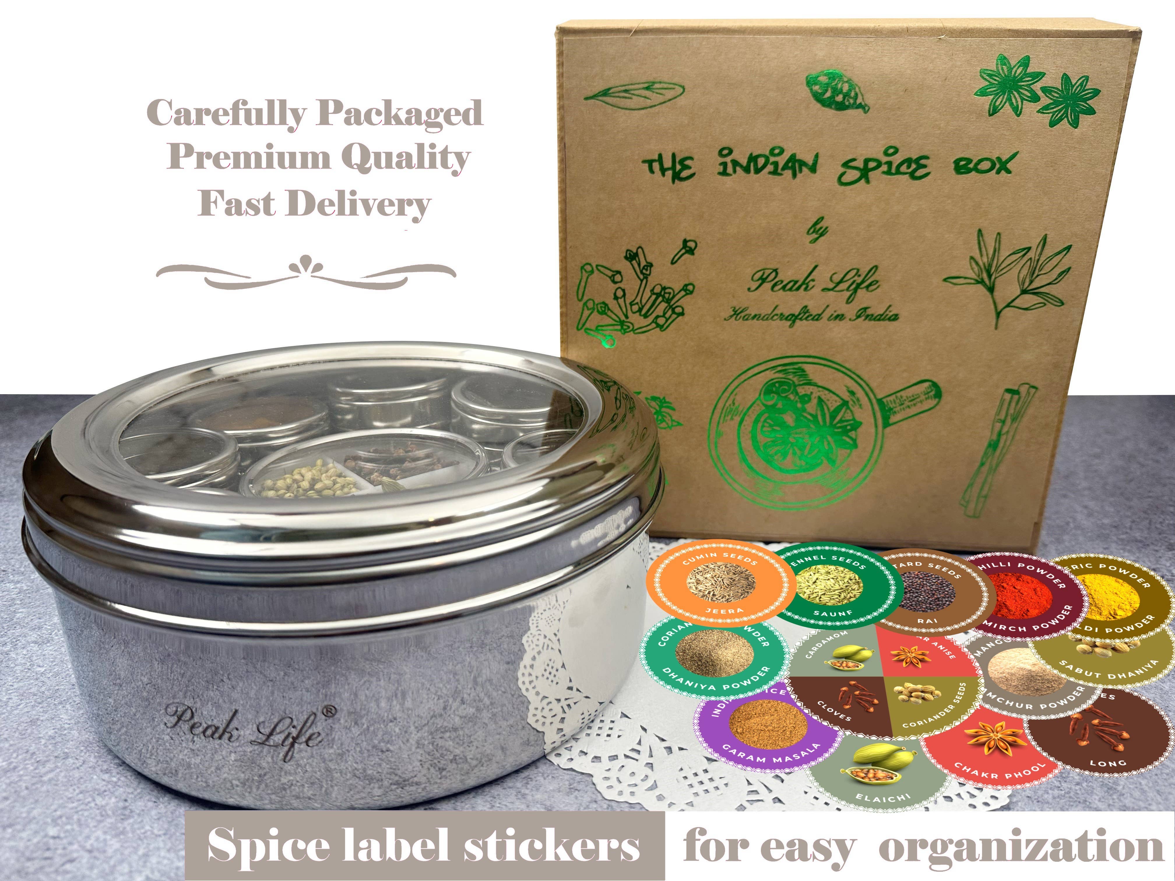 Peak Life - Vendita all'ingrosso Portaspezie - Scatola per spezie in acciaio più autentica | Masala Dabba con 12 spezie7