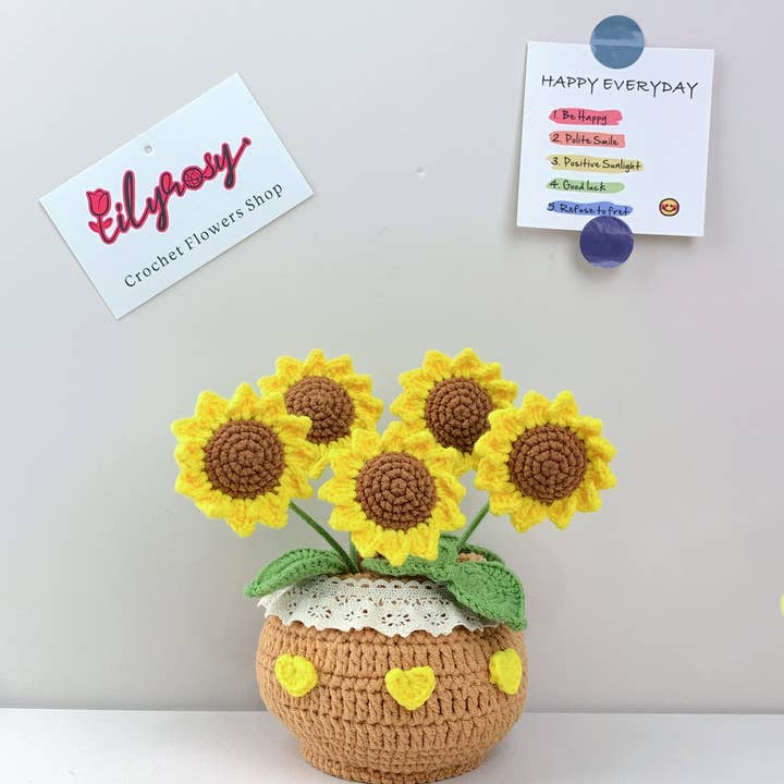 Lilyrosy(Duty free) - Wholesale Artificial Flowers - Crochet Sunflower plant pot, Handmade Valentine's Day gift8