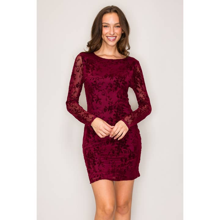 Long Sleeve Flocked Mesh Mini Dress with Cutout Back for wholesale by Popular 21