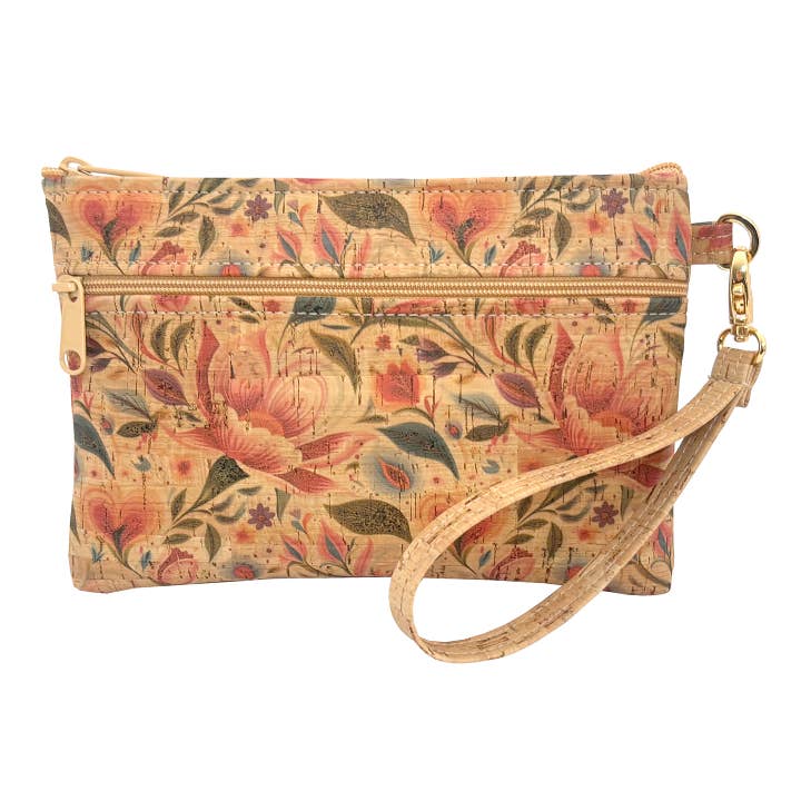 Cork Double Zipper Wristlet | Hearts in Bloom Print for wholesale by Natalie Therese