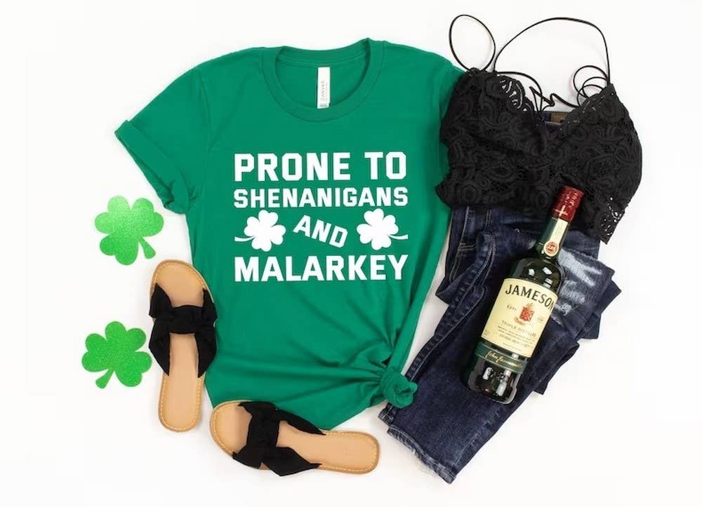 Black Prone to Shenanigans and Malarkey, St Patricks Day Shirt, Lu for wholesale on Faire