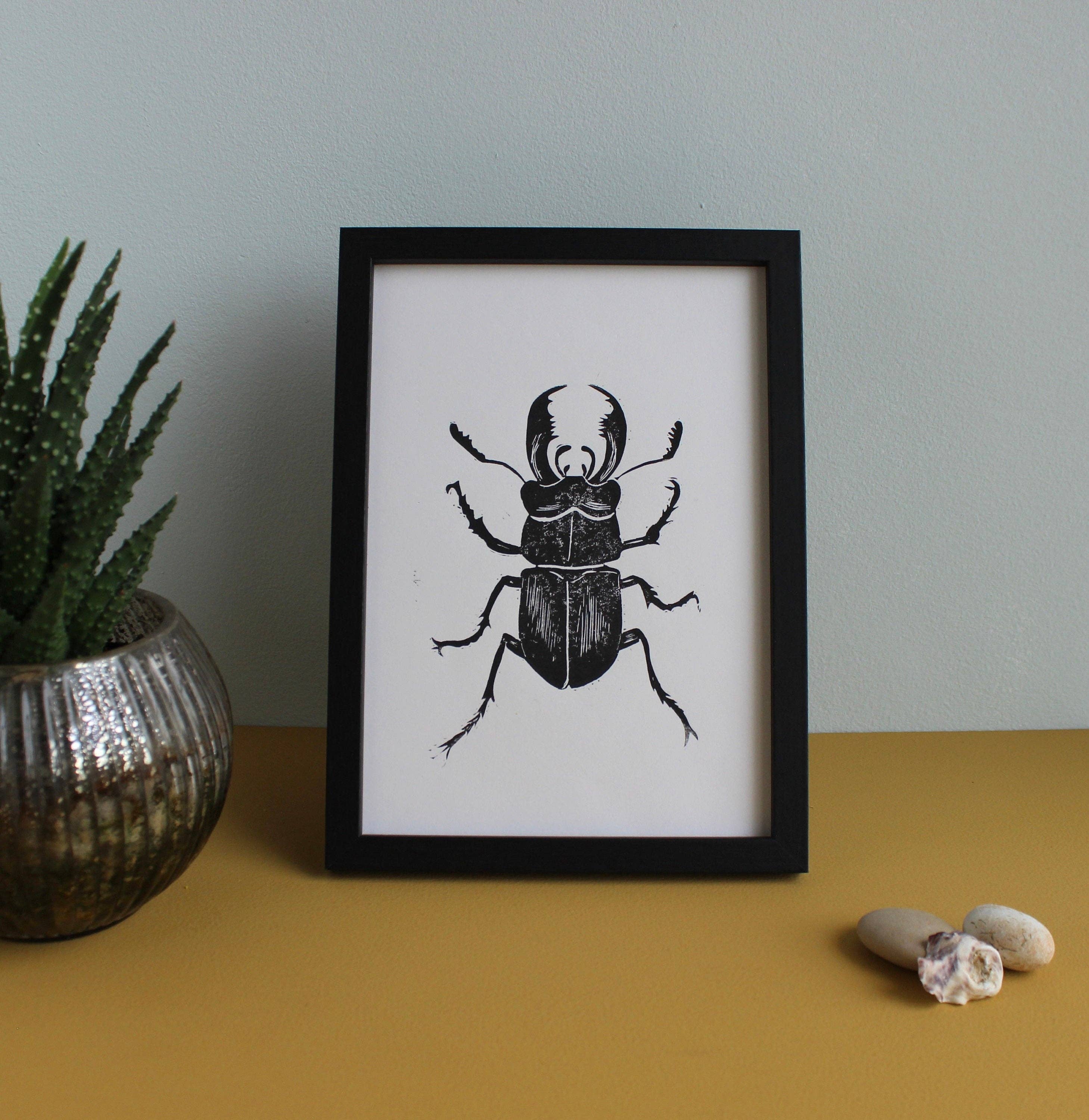 Jackdaw and Bear - Wholesale Art print - Stag Beetle Lino hand printed insect linocut print4