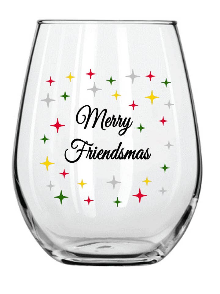 Merry Friendsmas Stemless Wine Glass for wholesale by Buy Socks You All