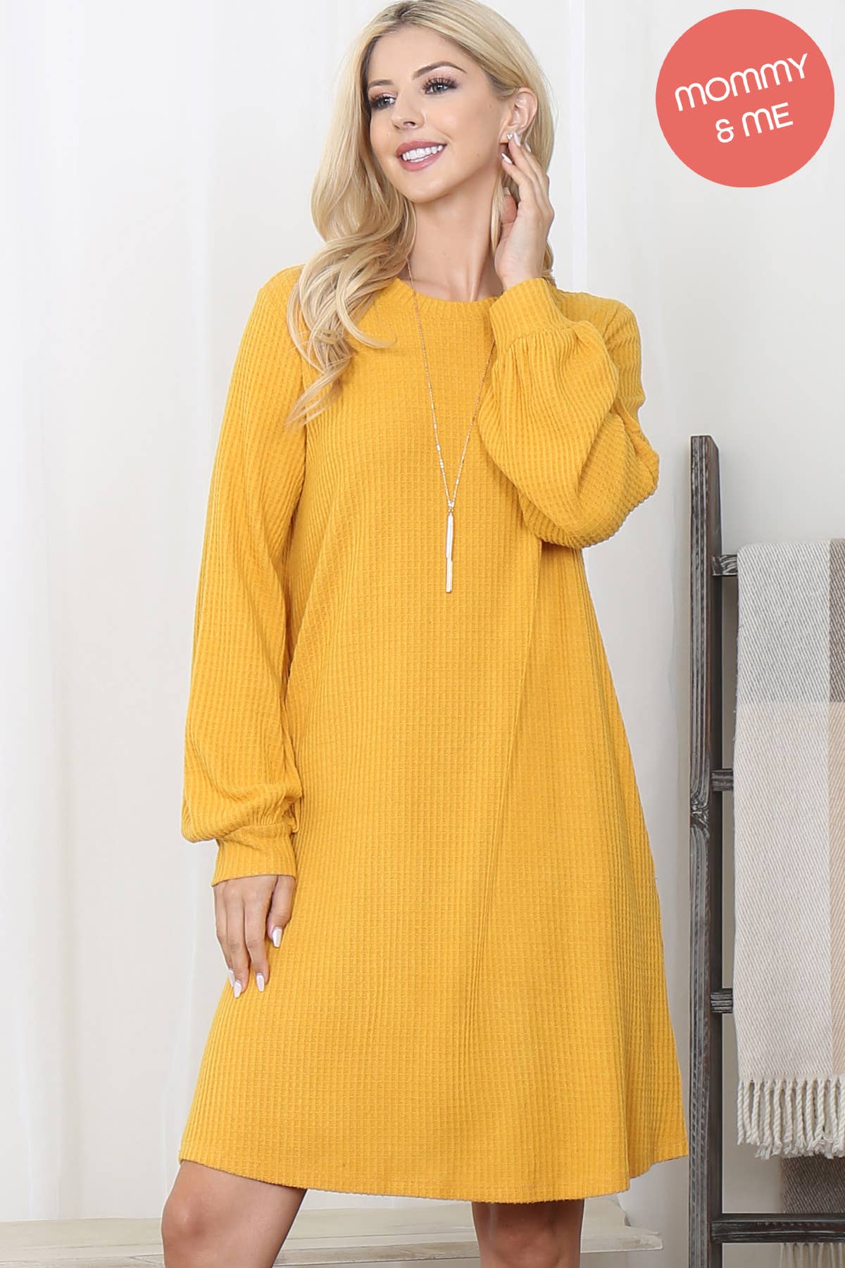You & Me - Wholesale Dress - Women's - YMD10051V-BRUSHED WAFFLE BUBBLE SLEEVE POCKET DRESS0