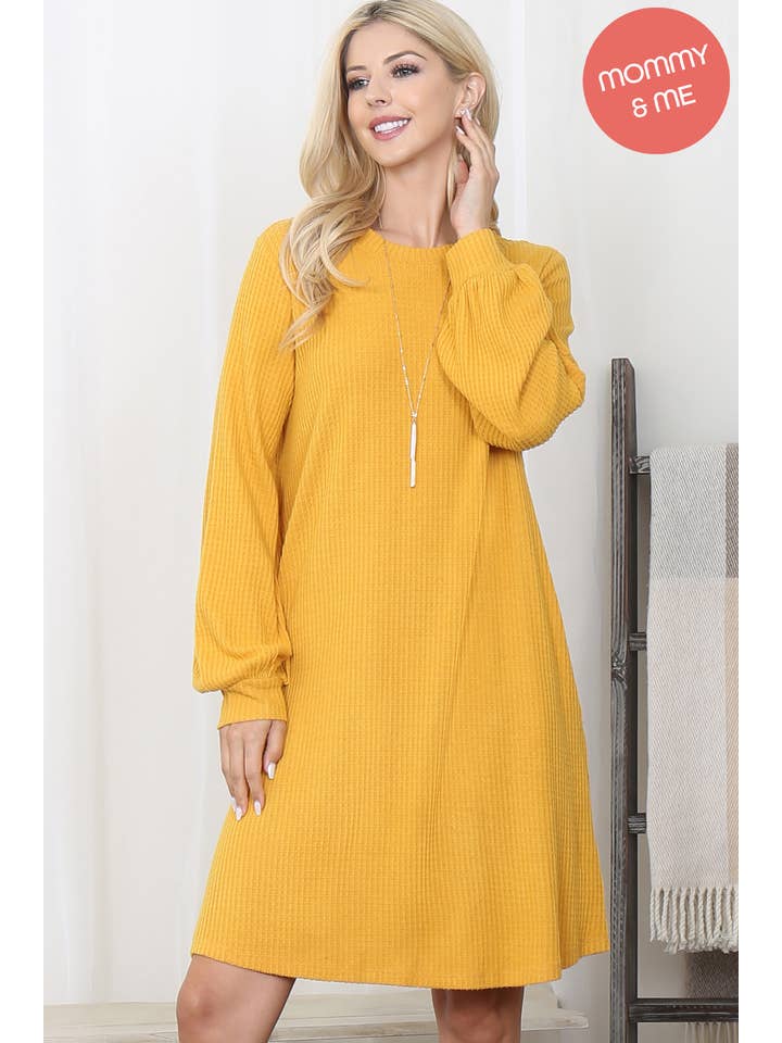 You & Me - Wholesale Dress - Women's - YMD10051V-BRUSHED WAFFLE BUBBLE SLEEVE POCKET DRESS