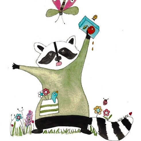 Busted!! Racoon Greeting card for wholesale by Elle Bee Art Studio