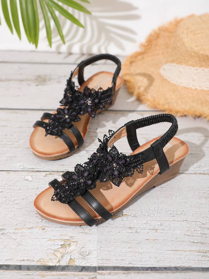 Rentoes – wholesale Sandals – Women's – Ladies‘ Wedged Sandal with Handmade Lace Flowers JS698-327