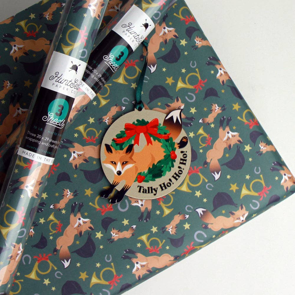 Hunt Seat Paper Co. - Wholesale Wrapping Paper Roll - Holiday Fox - Equestrian Horse Gift Wrapping Paper2