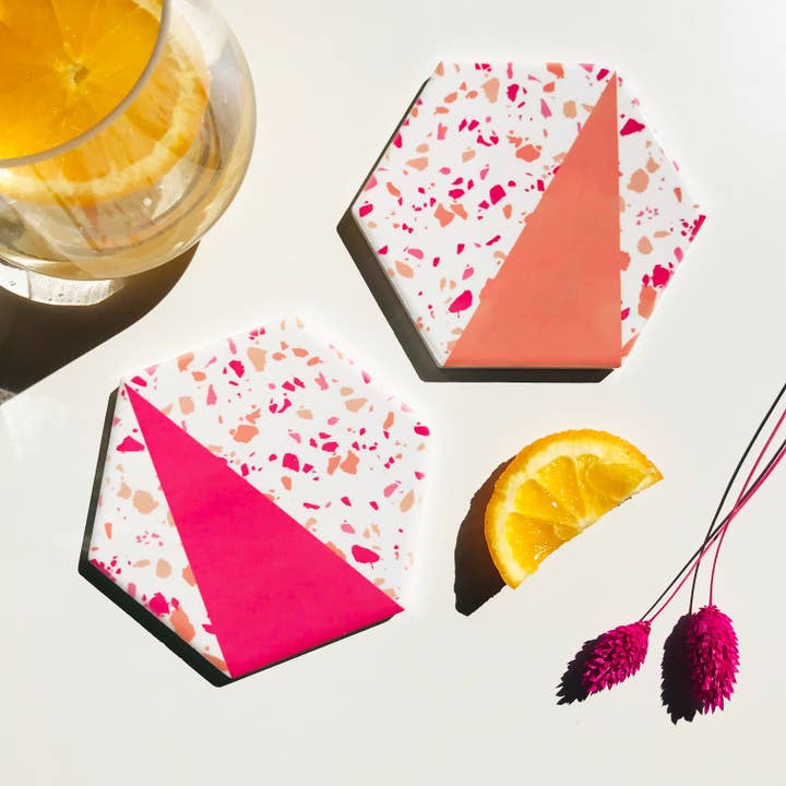 Pink Orange Terrazzo Style Hexagon Coasters for wholesale by The Abstract Bee