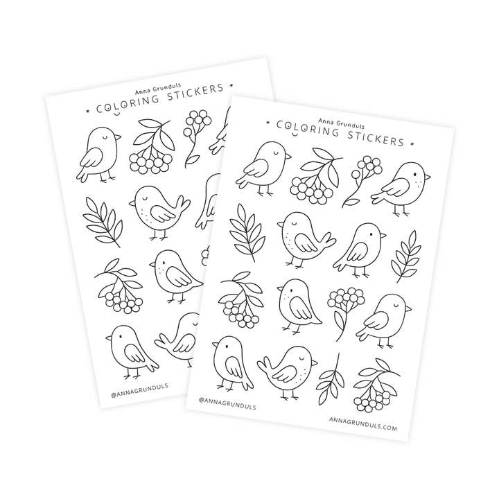 Cute Birds & Berries Coloring Stickers - A6 Sticker Sheet for wholesale by Anna Grunduls Design